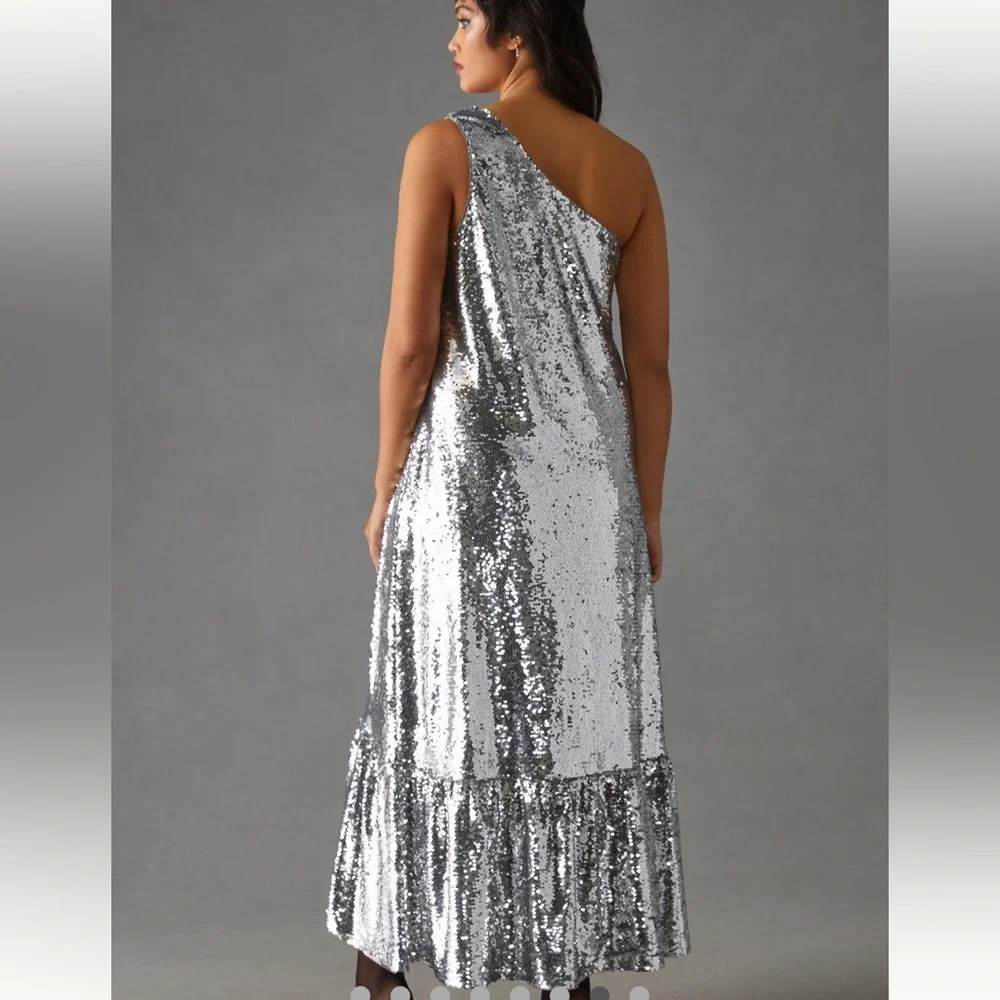 Maeve one shoulder silver sequin midi dress anthropologie sz large new nwt ✨ - Picture 8 of 14